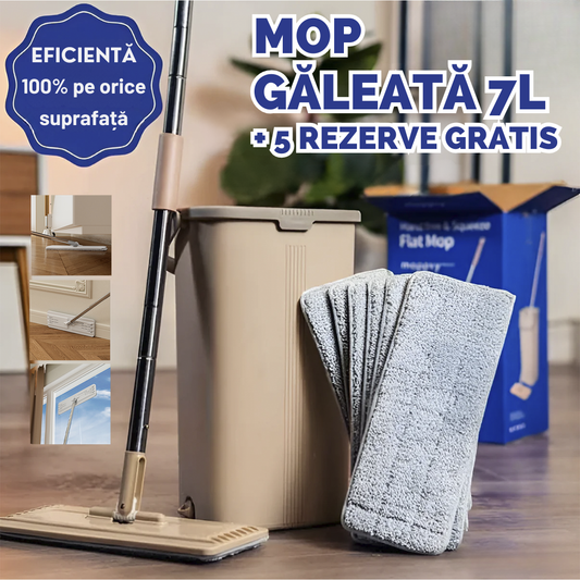 FlatMop – Mop Cu Găleată 7L + 5 Rezerve Cadou (Promoție Valabilă Doar Azi)